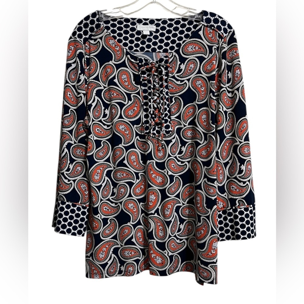 Charter Club PETITE Women’s Geometric  Tunic Blouse Top PL 3/4 Sleeves NICE